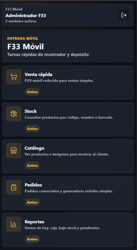 Vista movil real de F33 POS con modulos activos