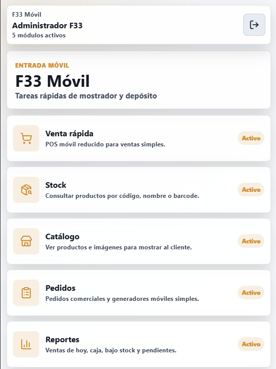 Panel de inicio móvil de F33 POS