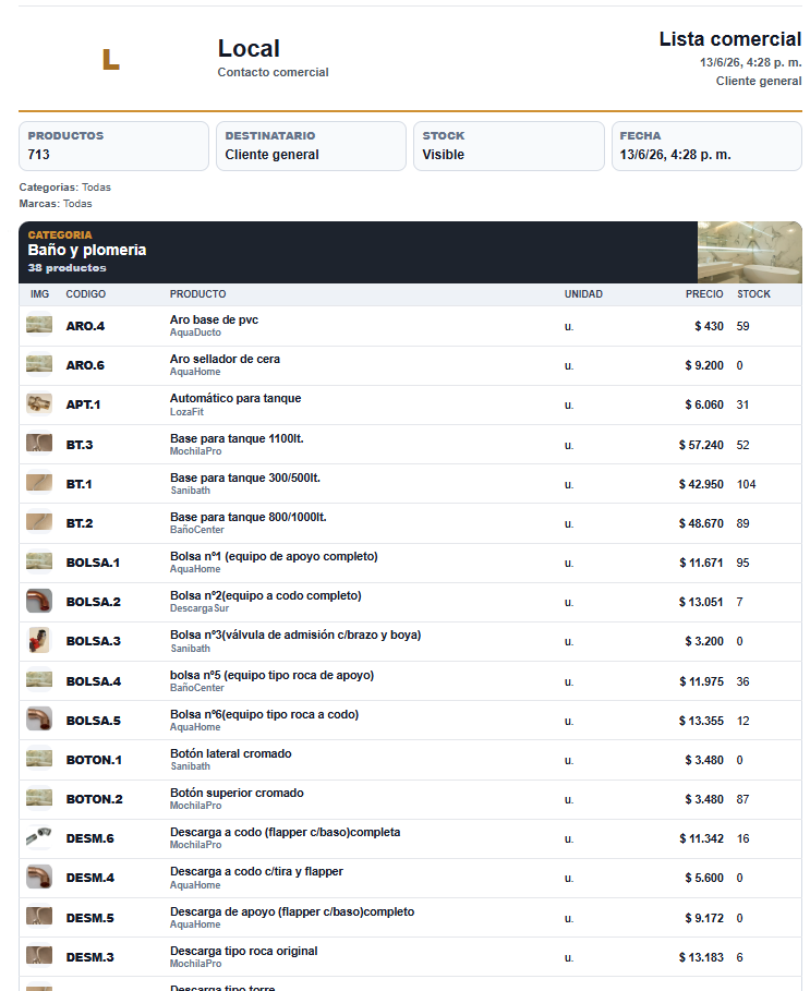 Lista comercial exportada desde F33 POS