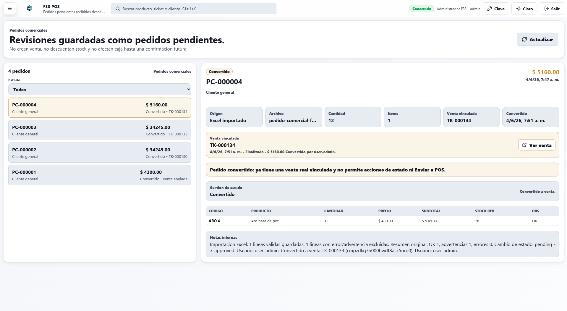 Pedidos comerciales en F33 POS